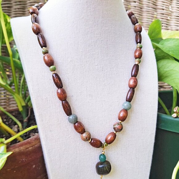 Wood, Jade & Unakite NecklaceUnique Bohemian NecklaceLong Hippie Necklace